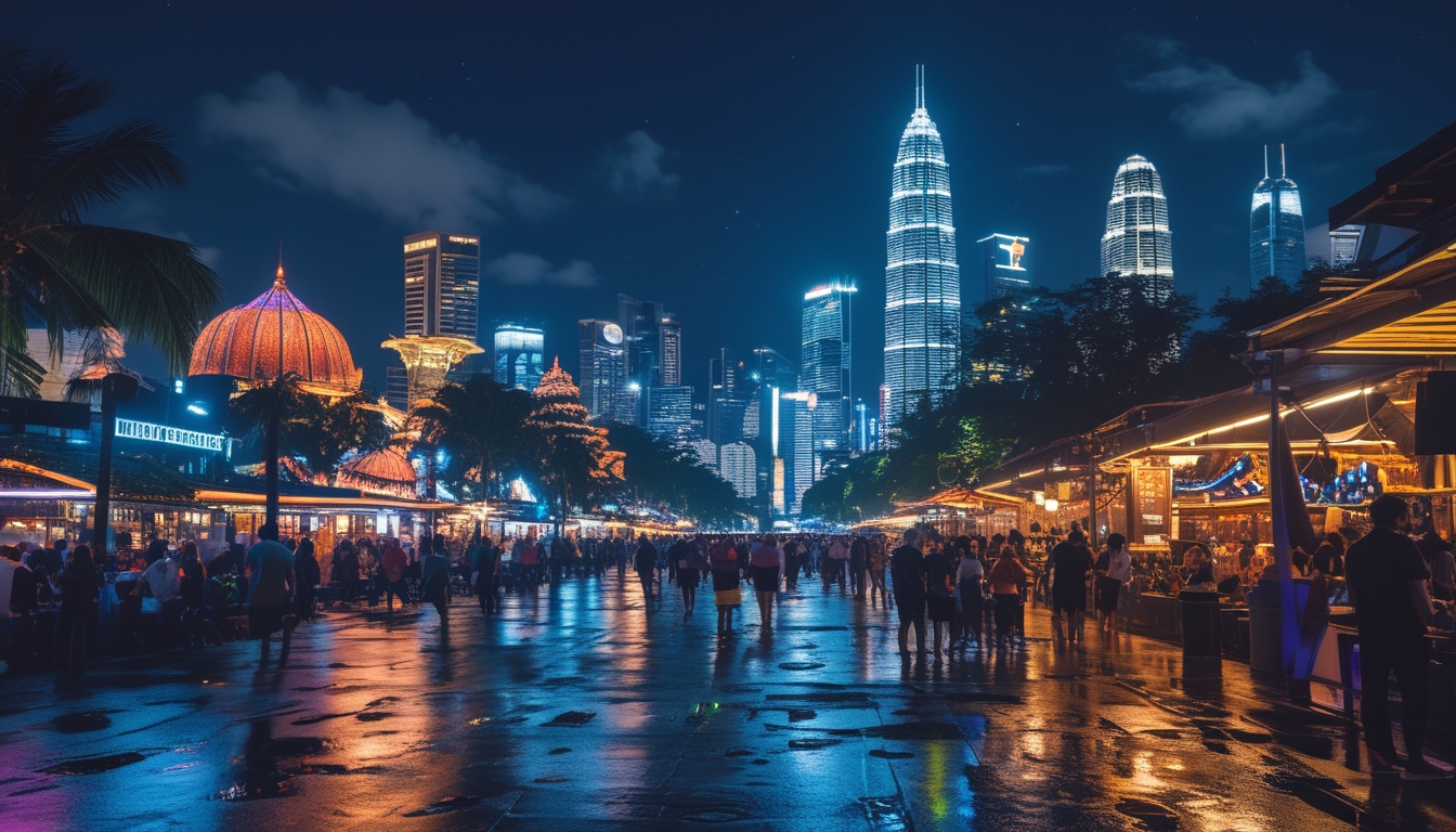 Pemandangan malam yang hidup dengan pemandangan kota Bali, Jakarta, dan Bandung yang menampilkan bar tepi pantai, gedung pencakar langit yang terang, dan kafe luar ruangan yang ramai.