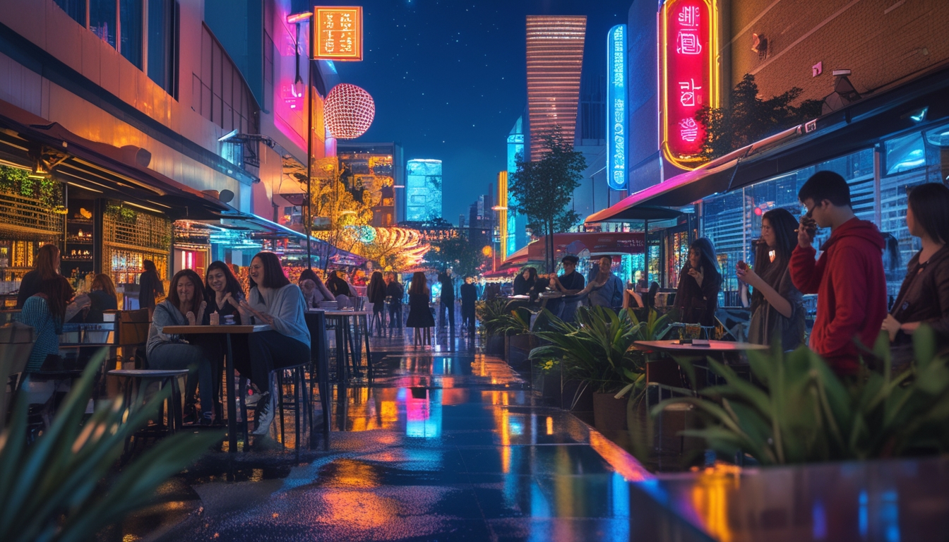 Pemandangan malam hari di tempat hiburan ramai dengan lampu warna-warni dan orang-orang menikmati suasana di luar kafe dan bar.