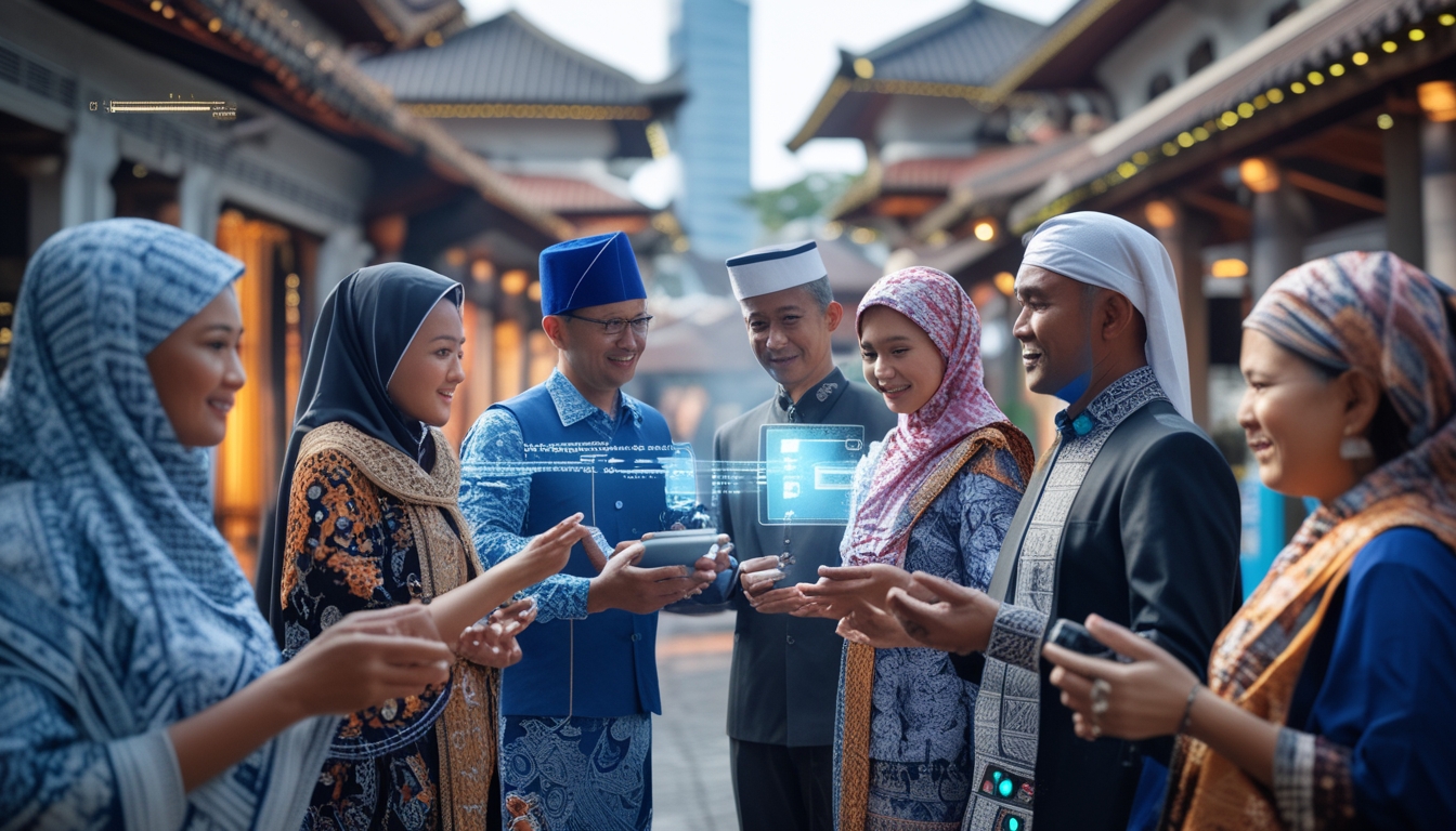 Sekelompok orang Indonesia mengenakan pakaian tradisional Nusantara berinteraksi dengan teknologi digital modern di latar belakang yang menggabungkan arsitektur tradisional dan elemen digital futuristik.