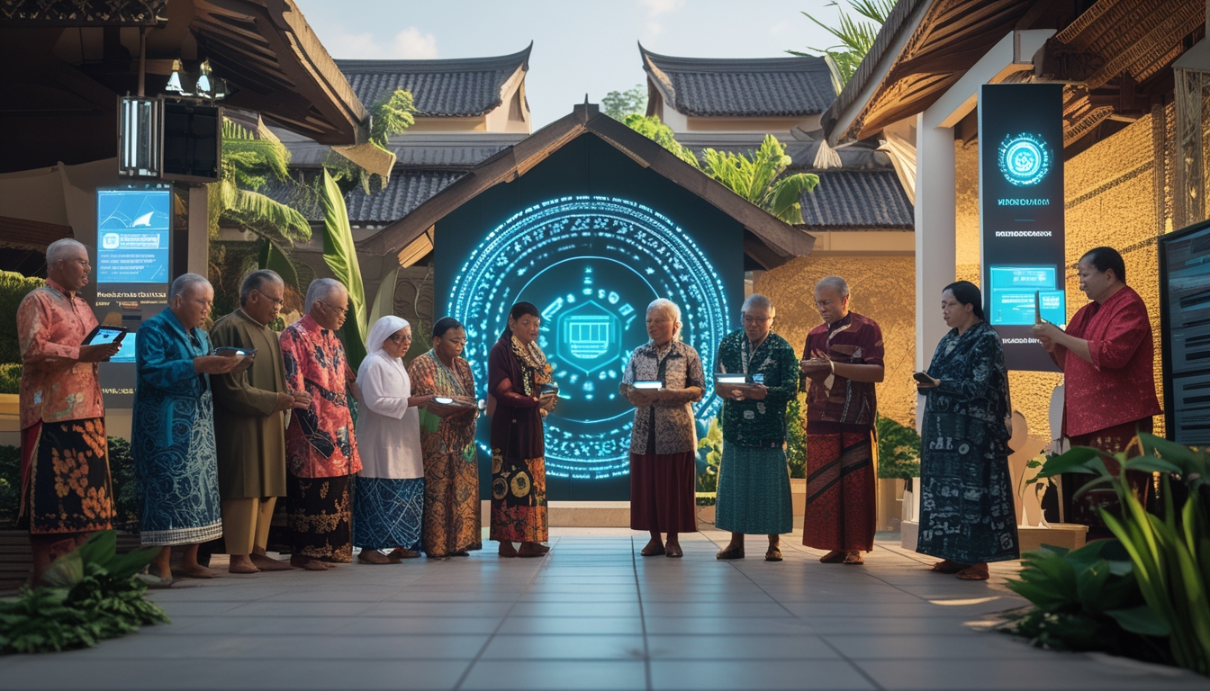 Sekelompok orang dari berbagai suku Nusantara mengenakan pakaian tradisional dan modern sedang menggunakan perangkat digital di lingkungan perkotaan yang memadukan elemen budaya dan teknologi.