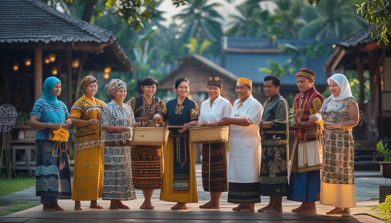 Sekelompok orang dari berbagai suku di Indonesia mengenakan pakaian tradisional sedang melakukan kegiatan budaya di luar ruangan dengan latar rumah tradisional dan lingkungan tropis.