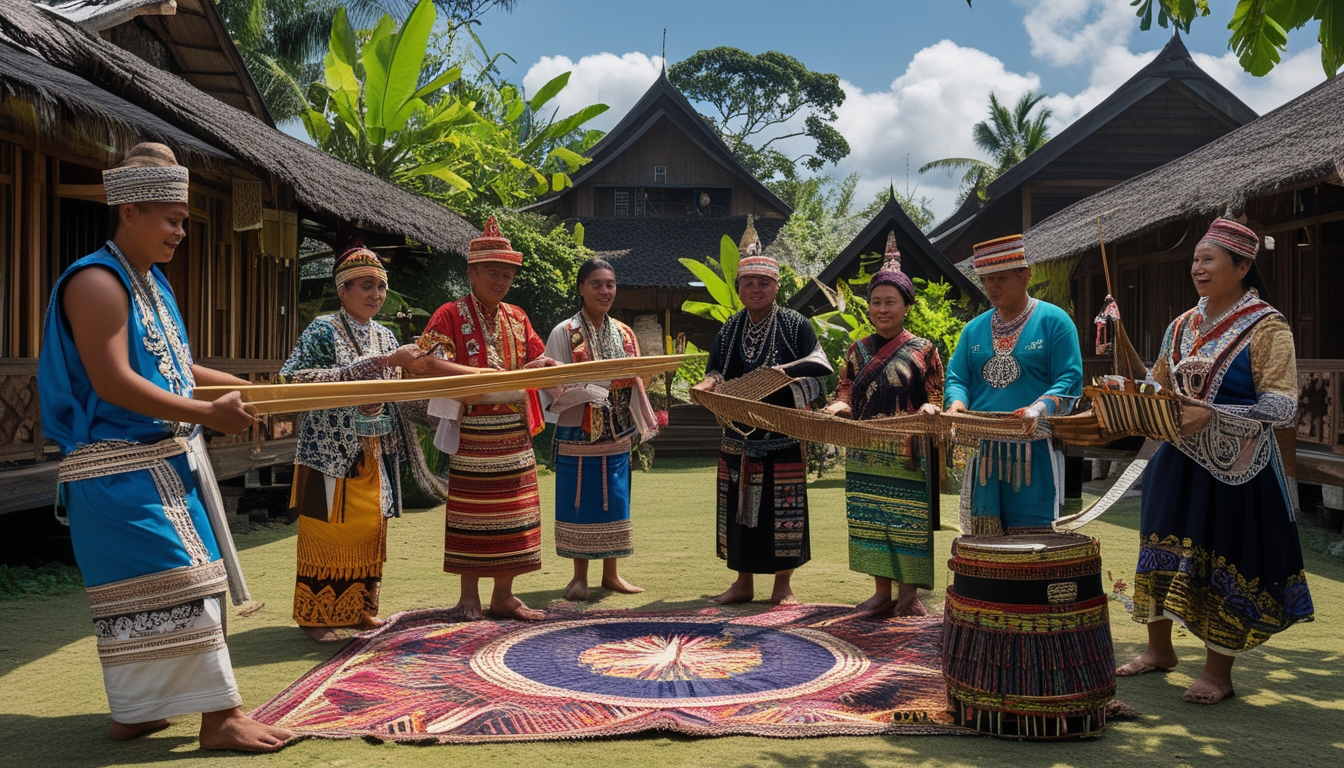 Sekelompok orang dari berbagai suku Nusantara mengenakan pakaian tradisional sedang melakukan kegiatan budaya di lingkungan alam tropis dengan rumah adat di latar belakang.