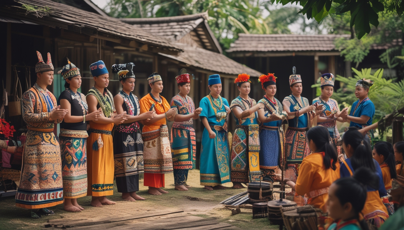 Sekelompok orang dari berbagai suku Nusantara mengenakan pakaian tradisional sedang berkumpul di luar ruangan dengan latar rumah adat dan pepohonan hijau, melakukan aktivitas budaya seperti menari dan bermain alat musik tradisional.