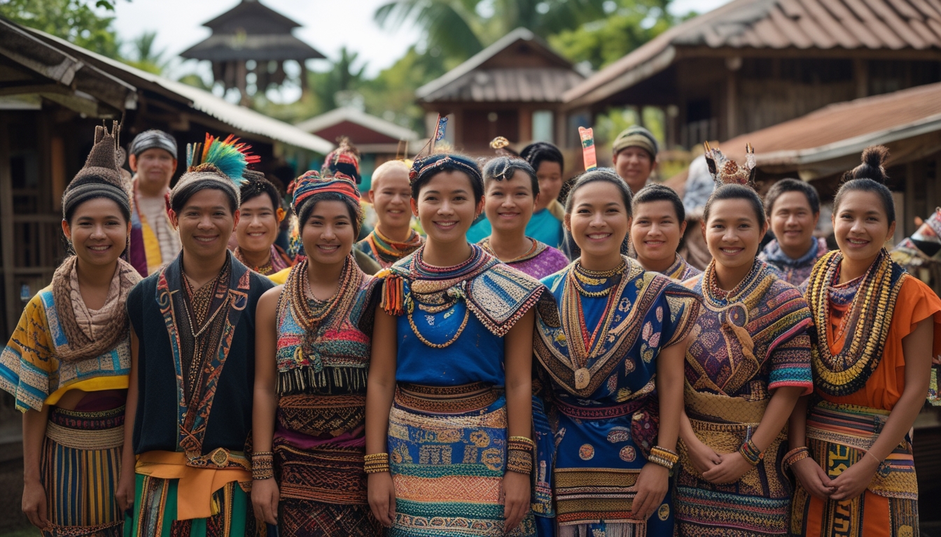 Sekelompok orang dari berbagai suku asli Nusantara mengenakan pakaian tradisional berwarna-warni di lingkungan alam dengan rumah kayu tradisional di latar belakang.