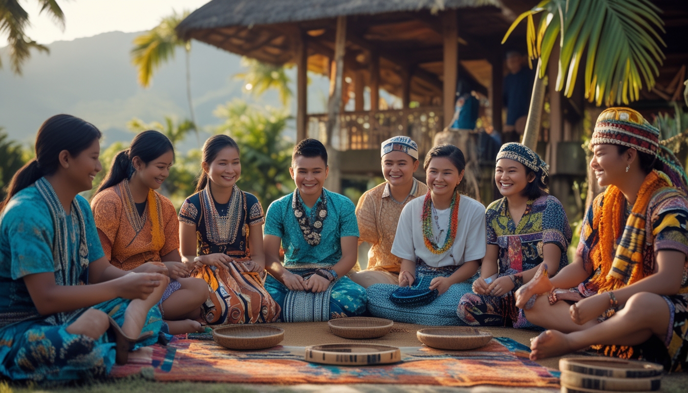 Sekelompok pemuda Indonesia mengenakan pakaian tradisional Nusantara sedang melakukan aktivitas budaya di luar ruangan dengan latar alam tropis.