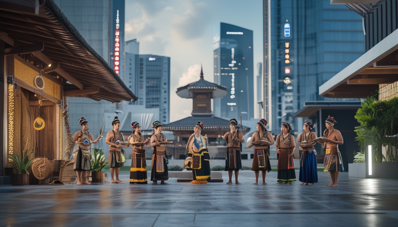 Sekelompok orang dari suku Nusantara mengenakan pakaian tradisional dan modern berdiri di lingkungan perkotaan dengan gedung tinggi dan elemen budaya tradisional di latar belakang.