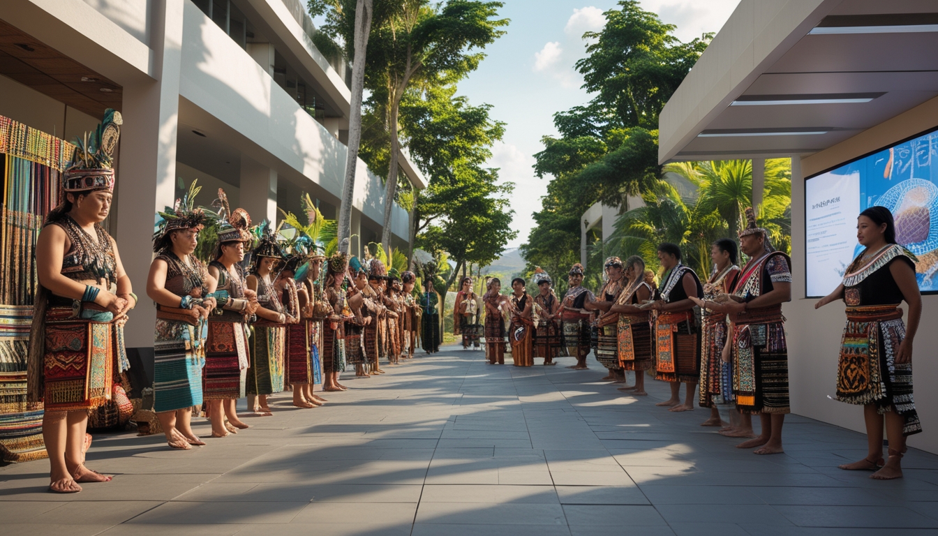 Sekelompok orang dari suku-suku Nusantara mengenakan pakaian tradisional berdiri di lingkungan perkotaan modern yang menunjukkan perpaduan budaya dan kemajuan.