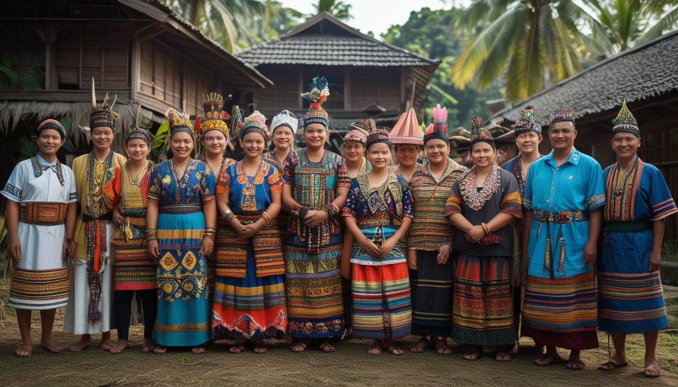 Sekelompok orang Indonesia mengenakan pakaian tradisional dari berbagai suku Nusantara berkumpul di luar ruangan dengan latar rumah adat dan pemandangan alam tropis.