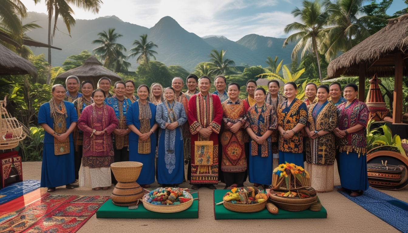 Sekelompok orang Indonesia dari berbagai suku dengan pakaian tradisional berwarna-warni berdiri bersama di luar ruangan dengan latar belakang pemandangan tropis dan barang-barang budaya.