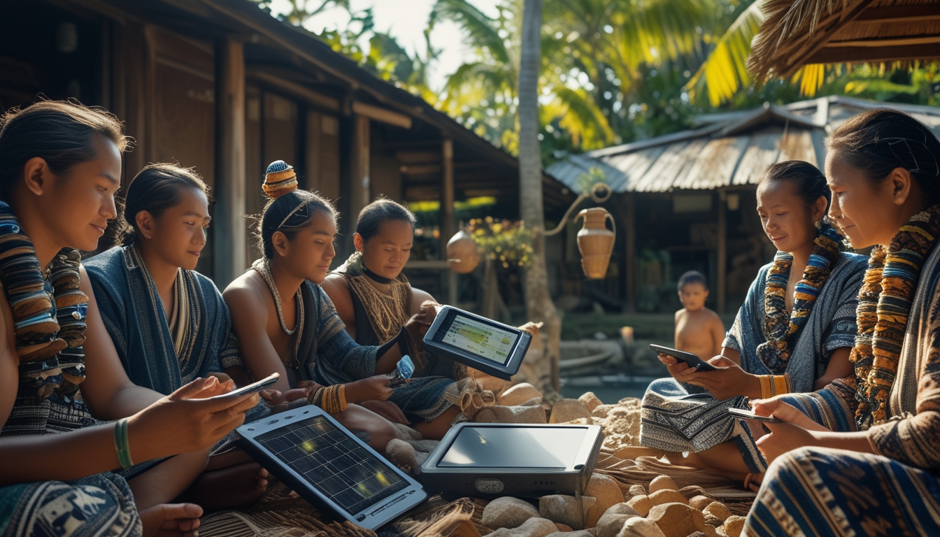 Komunitas adat Nusantara dengan anggota memakai pakaian tradisional menggunakan perangkat teknologi modern di desa tropis.