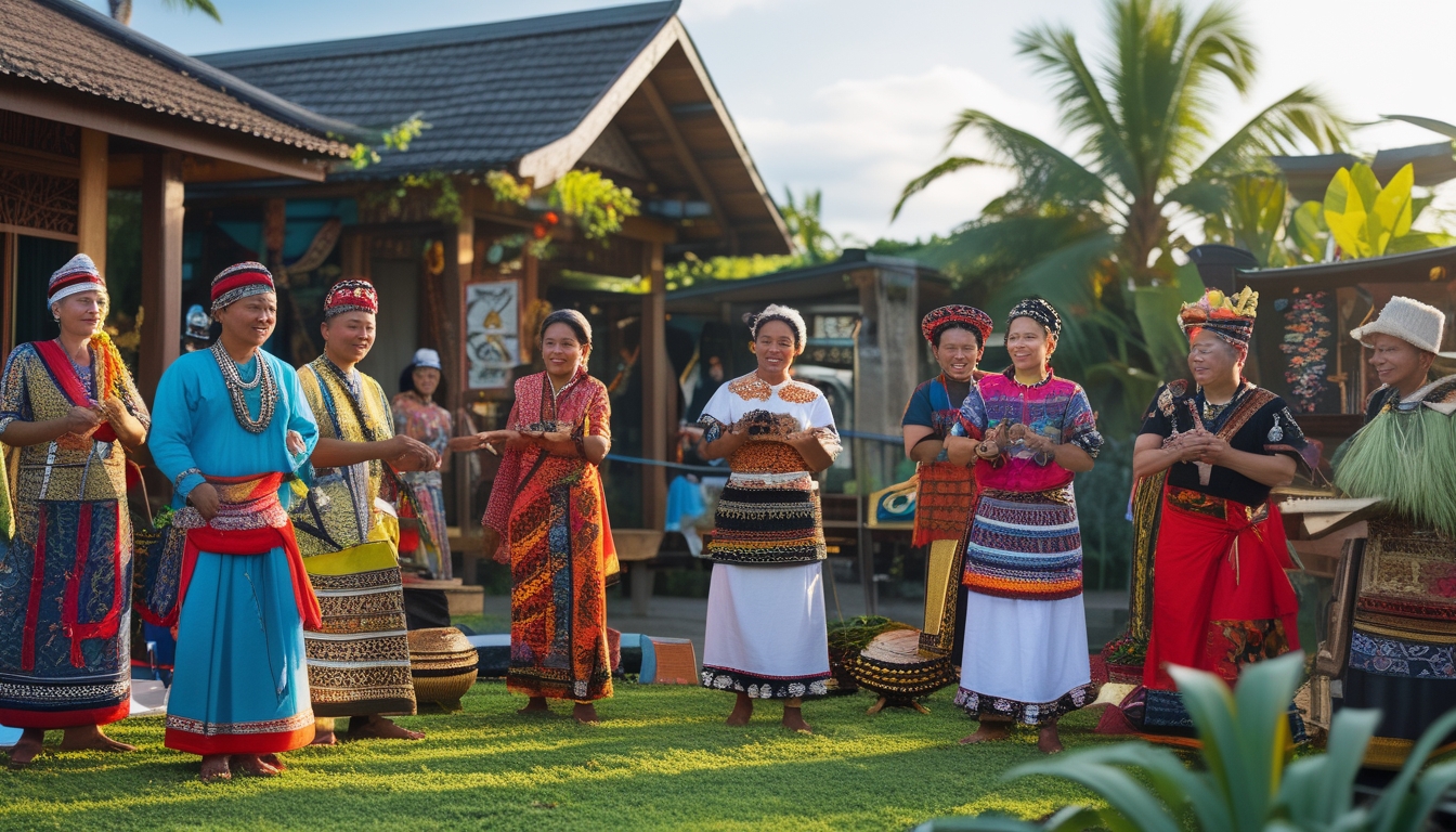 Sekelompok orang dari berbagai suku Nusantara mengenakan pakaian tradisional sedang beraktivitas di festival budaya luar ruangan dengan latar rumah adat dan alat musik tradisional.