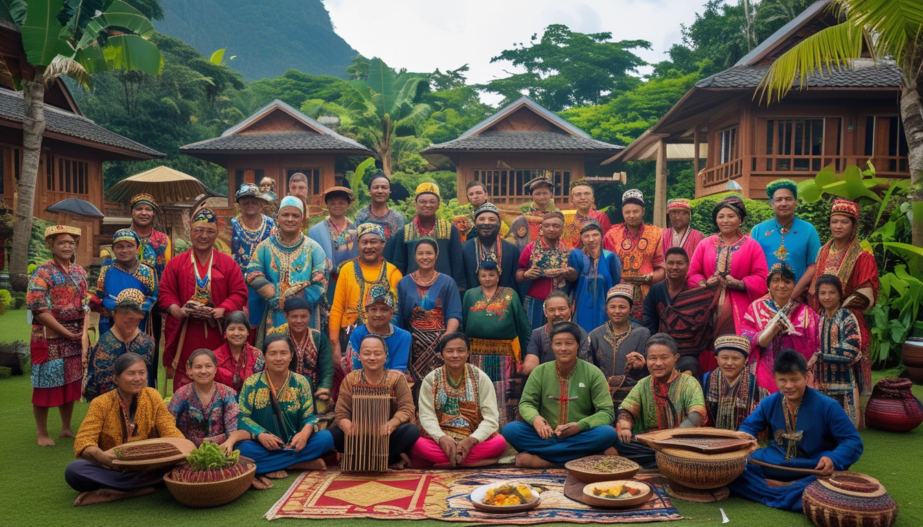 Sekelompok orang Indonesia dari berbagai suku sedang mengenakan pakaian tradisional dan melakukan kegiatan budaya di luar ruangan dengan latar rumah tradisional dan pepohonan hijau.