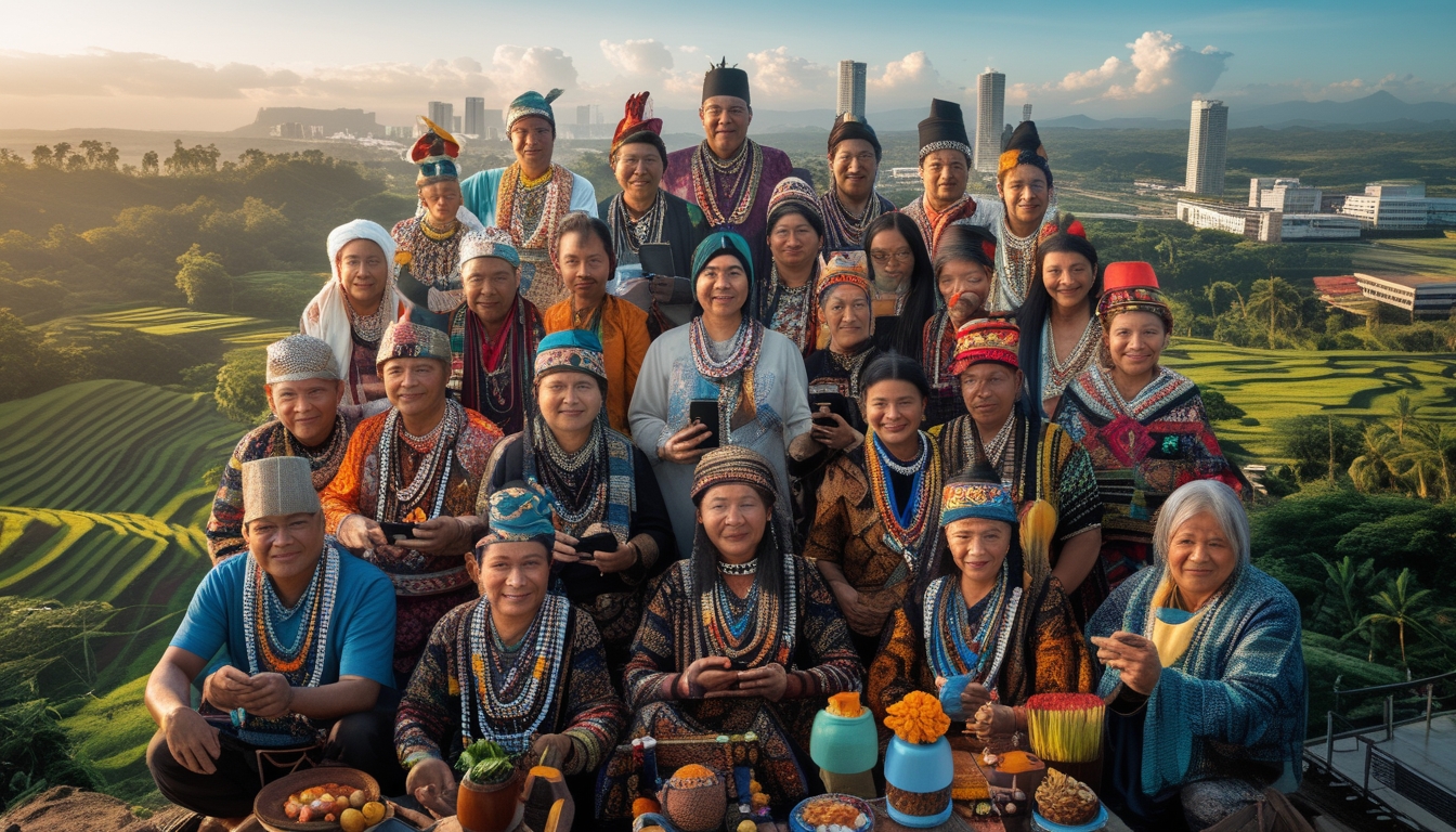 Sekelompok orang dari berbagai suku Nusantara mengenakan pakaian tradisional, berada di latar belakang yang menunjukkan perpaduan antara lingkungan perkotaan dan pedesaan di Indonesia tahun 2026.