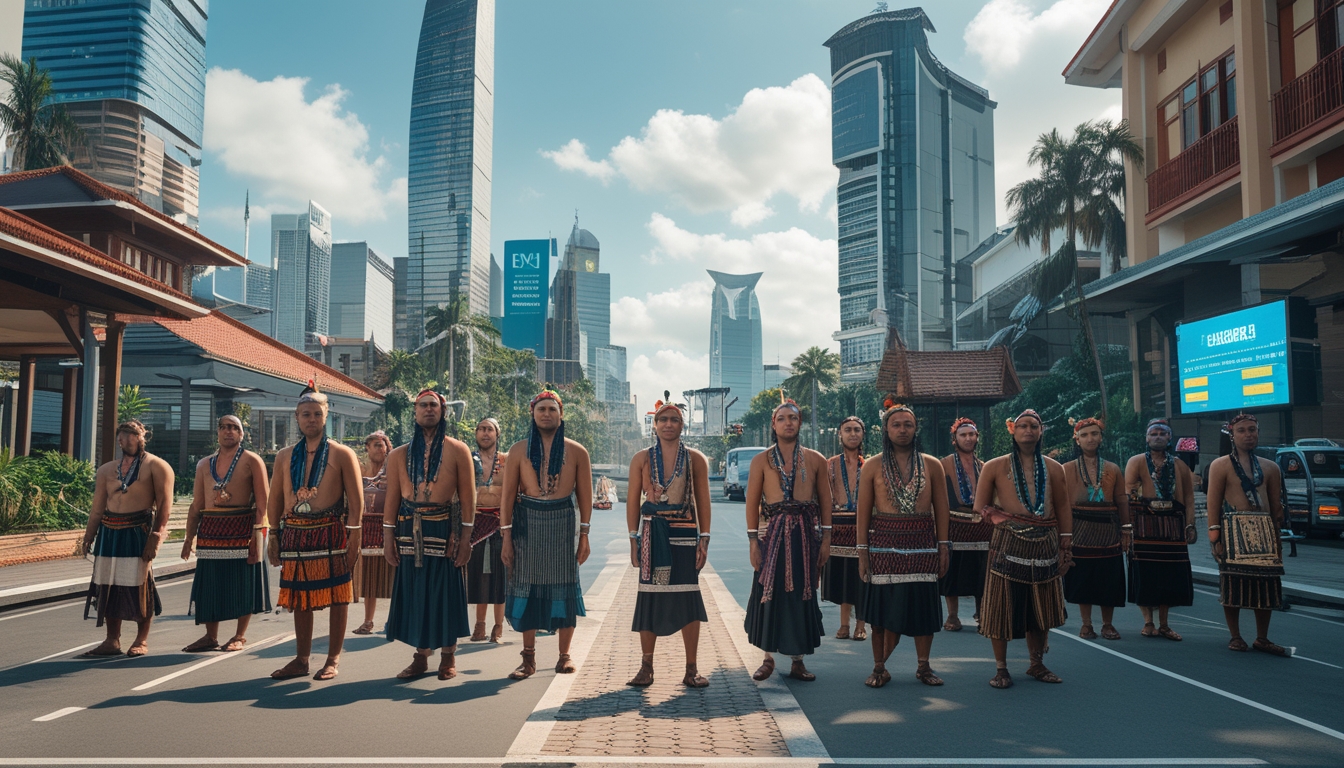 Sekelompok orang suku Nusantara dengan pakaian tradisional berdiri di lingkungan perkotaan modern yang menunjukkan perpaduan antara budaya dan kemajuan.