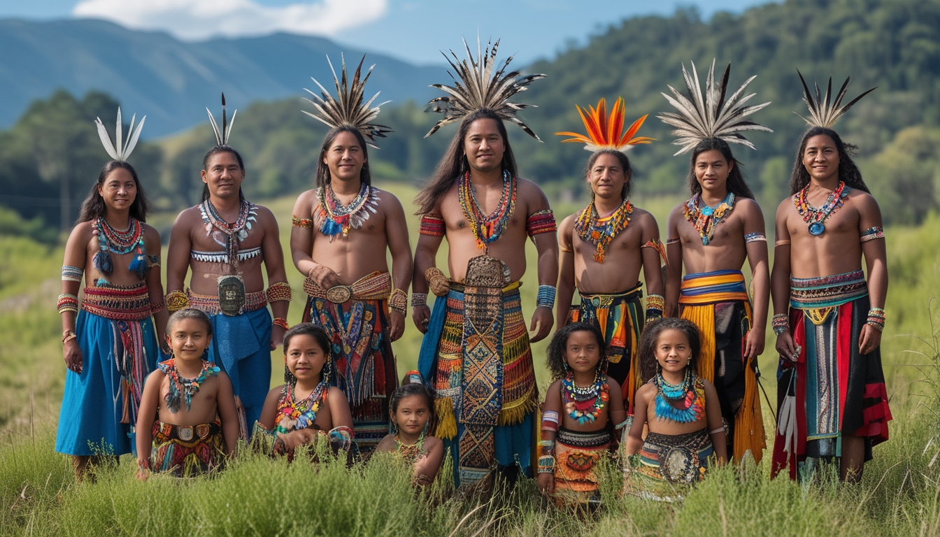 Sekelompok orang dari berbagai suku unik dunia mengenakan pakaian tradisional berwarna-warni di alam terbuka dengan latar pegunungan dan langit biru.