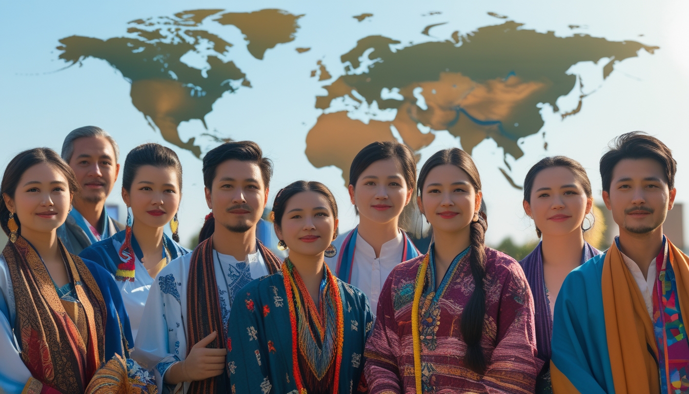 Sekelompok orang dari berbagai suku dan budaya dunia berkumpul bersama di luar ruangan dengan latar belakang alam dan landmark global.