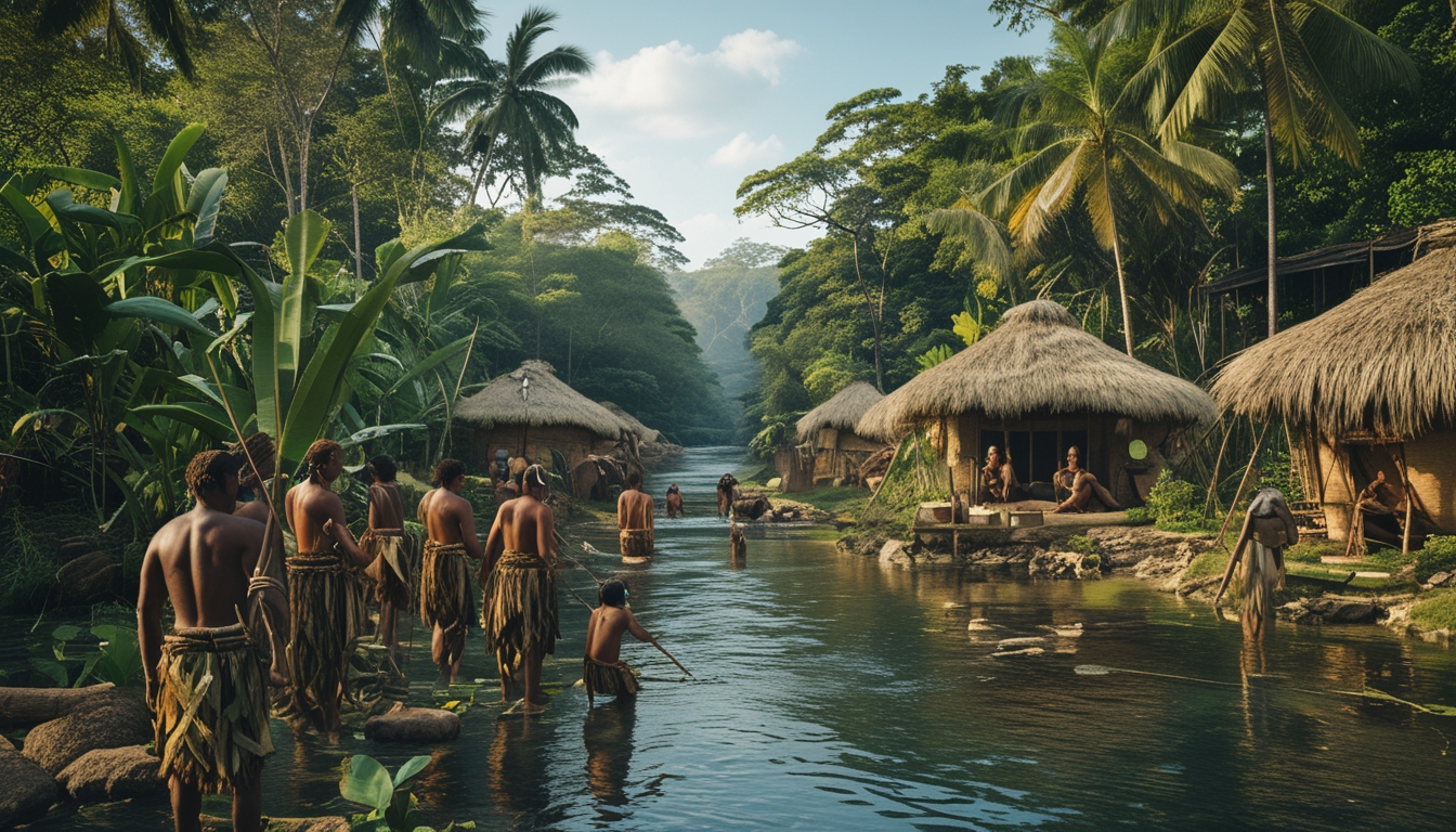 Sekelompok suku pedalaman hidup secara tradisional di hutan tropis, melakukan aktivitas sehari-hari tanpa teknologi modern.