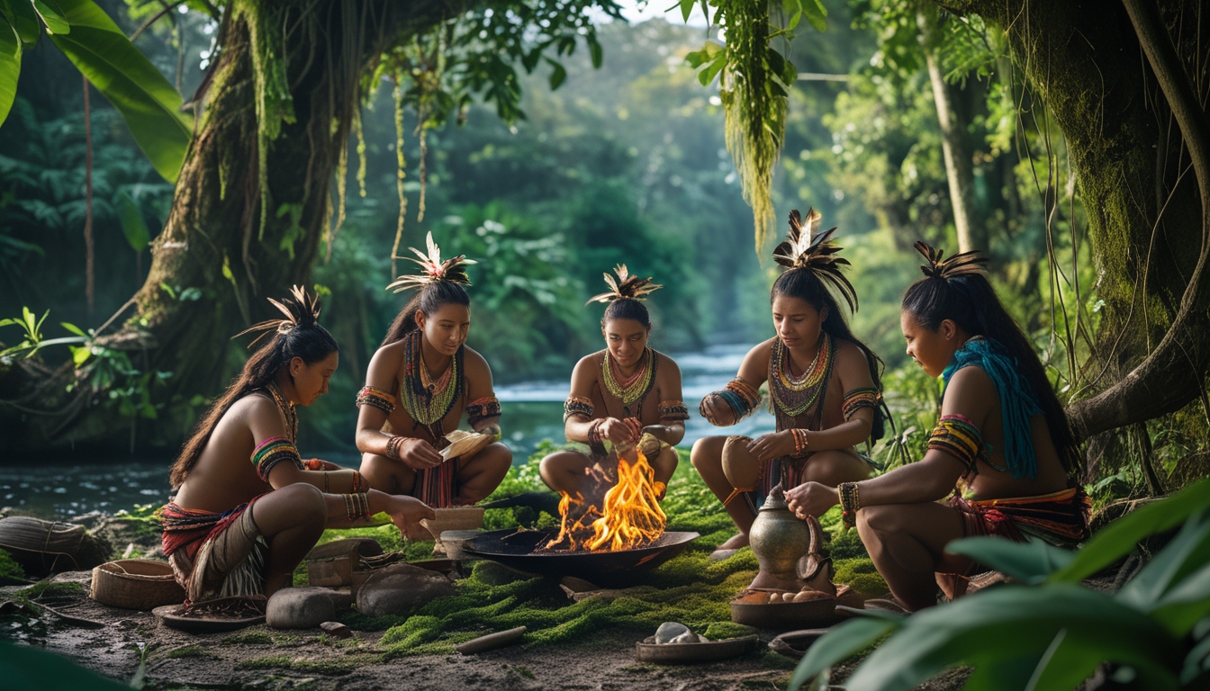 Sekelompok suku pedalaman yang hidup secara tradisional di tengah hutan lebat, mengenakan pakaian dan aksesoris alami, sedang melakukan aktivitas sehari-hari seperti membuat alat dan memasak di api unggun.