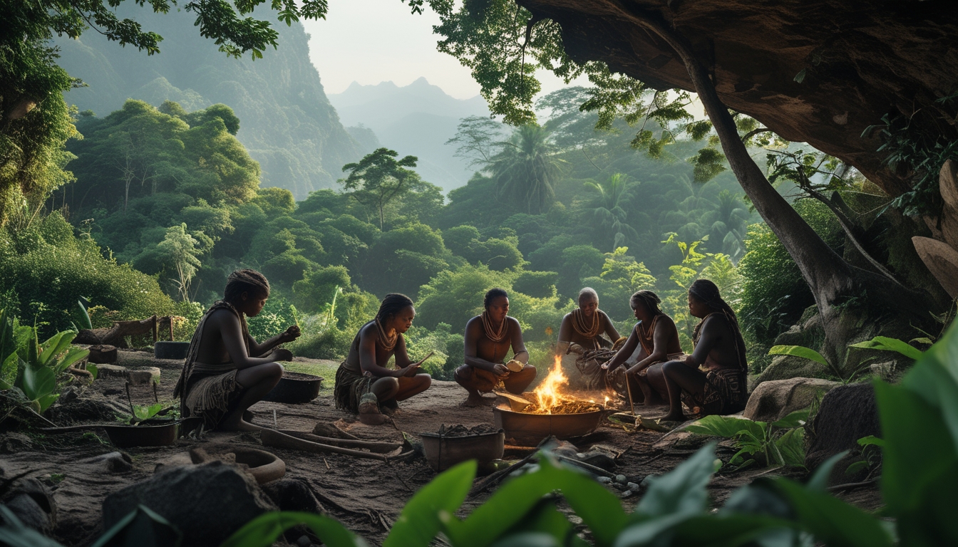 Sekelompok suku terasing di hutan lebat, mengenakan pakaian tradisional dan melakukan aktivitas sehari-hari tanpa teknologi modern.