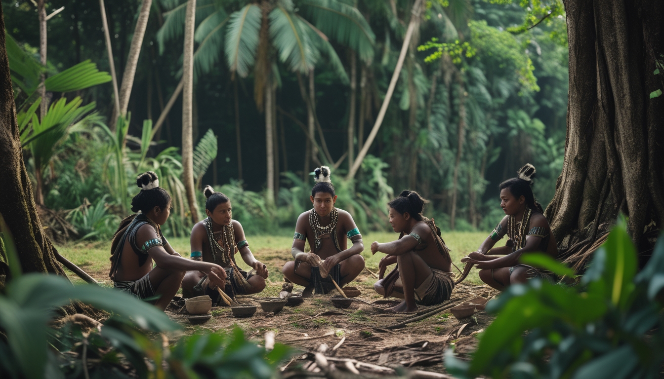 Sekelompok orang suku terasing mengenakan pakaian tradisional di hutan tropis yang rimbun, sedang melakukan aktivitas sehari-hari.