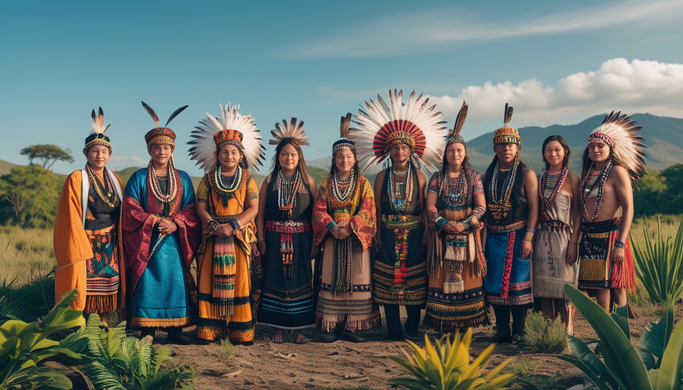 Sekelompok orang dari suku-suku asli Asia, Afrika, dan Amerika mengenakan pakaian tradisional berwarna-warni sedang berkumpul di alam terbuka.