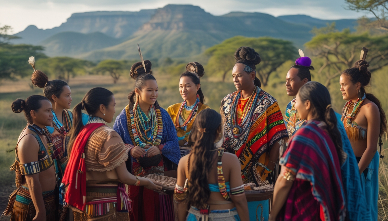 Sekelompok orang dari suku Asia, Afrika, dan Amerika mengenakan pakaian tradisional berwarna-warni sedang berkumpul di luar ruangan dengan latar alam yang beragam.