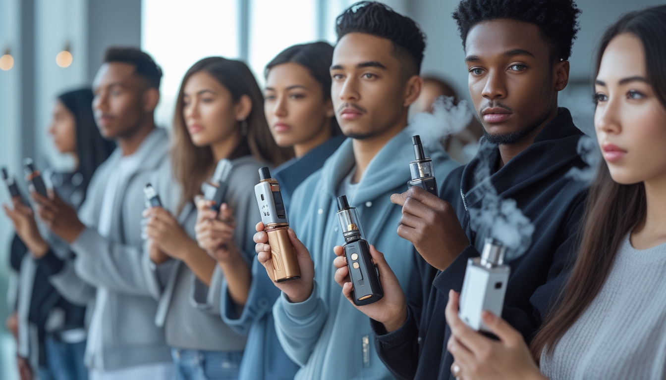 Sekelompok orang muda menggunakan berbagai jenis perangkat vapor terbaru di ruangan modern dengan latar belakang kabut uap.