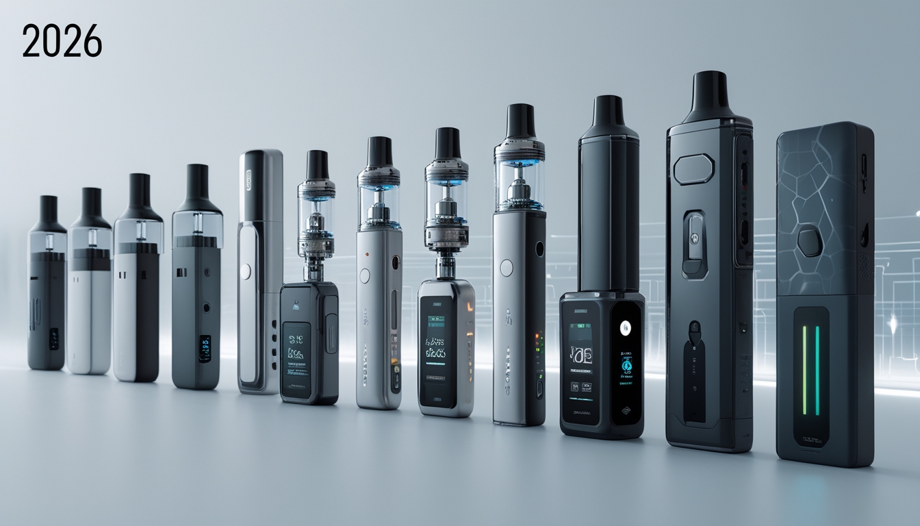 Berbagai perangkat vapor terbaru tahun 2026 ditata rapi di atas permukaan bersih dengan latar belakang teknologi yang samar.