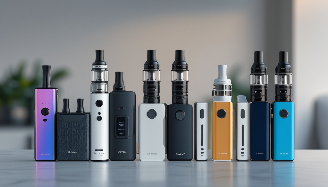 Berbagai jenis perangkat vapor seperti disposable, pod, dan pod mod tersusun rapi di atas permukaan bersih.