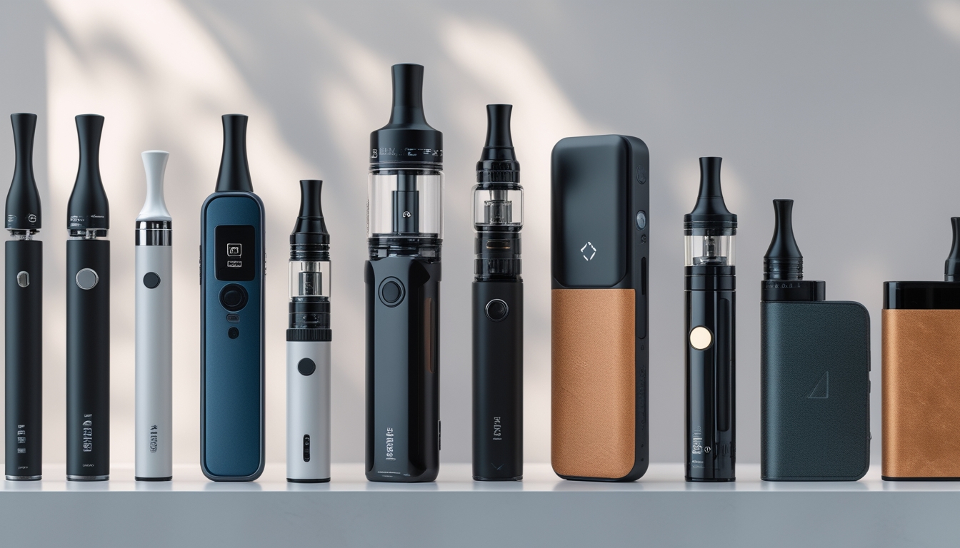 Berbagai jenis perangkat vapor dari disposable hingga pod mod tersusun rapi di atas permukaan putih dengan latar belakang buram.