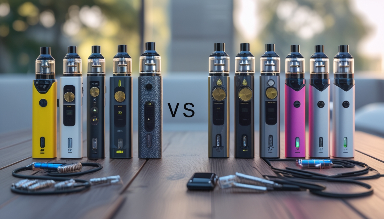 Beberapa jenis perangkat vapor yang disusun rapi di atas meja, terbagi menjadi dua kelompok untuk pemula dan vaper berpengalaman.