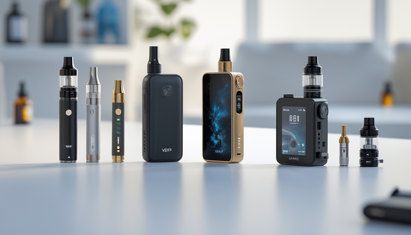 Berbagai perangkat vapor modern tertata rapi di atas permukaan putih dengan latar belakang aksesori vapor yang samar.