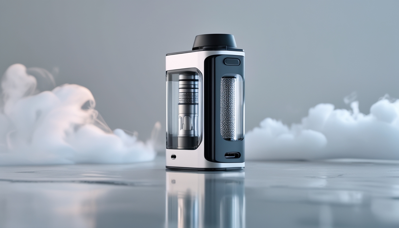Beberapa perangkat vaporizer modern dengan teknologi coil mesh terbaru ditampilkan di atas permukaan bersih dengan latar belakang kabut uap.