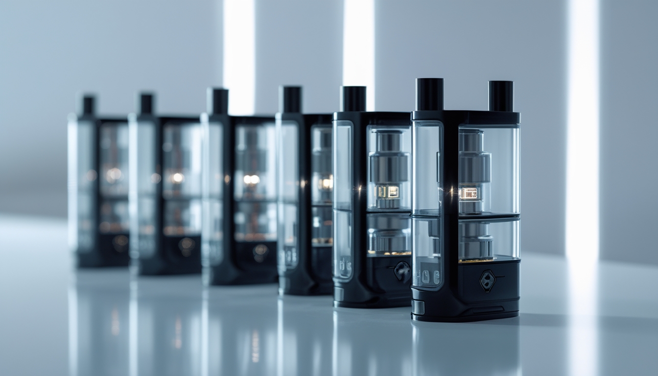 Beberapa perangkat vape modern dengan teknologi mesh coil terbaru diletakkan rapi di atas permukaan reflektif.