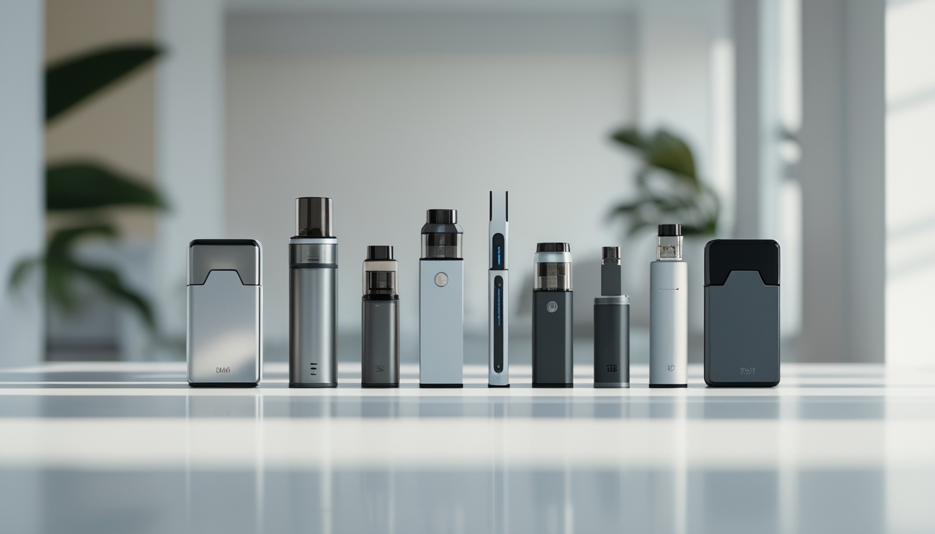 Beberapa perangkat vaporizer modern yang rapi tersusun di atas meja putih dengan latar belakang ruang kerja minimalis.