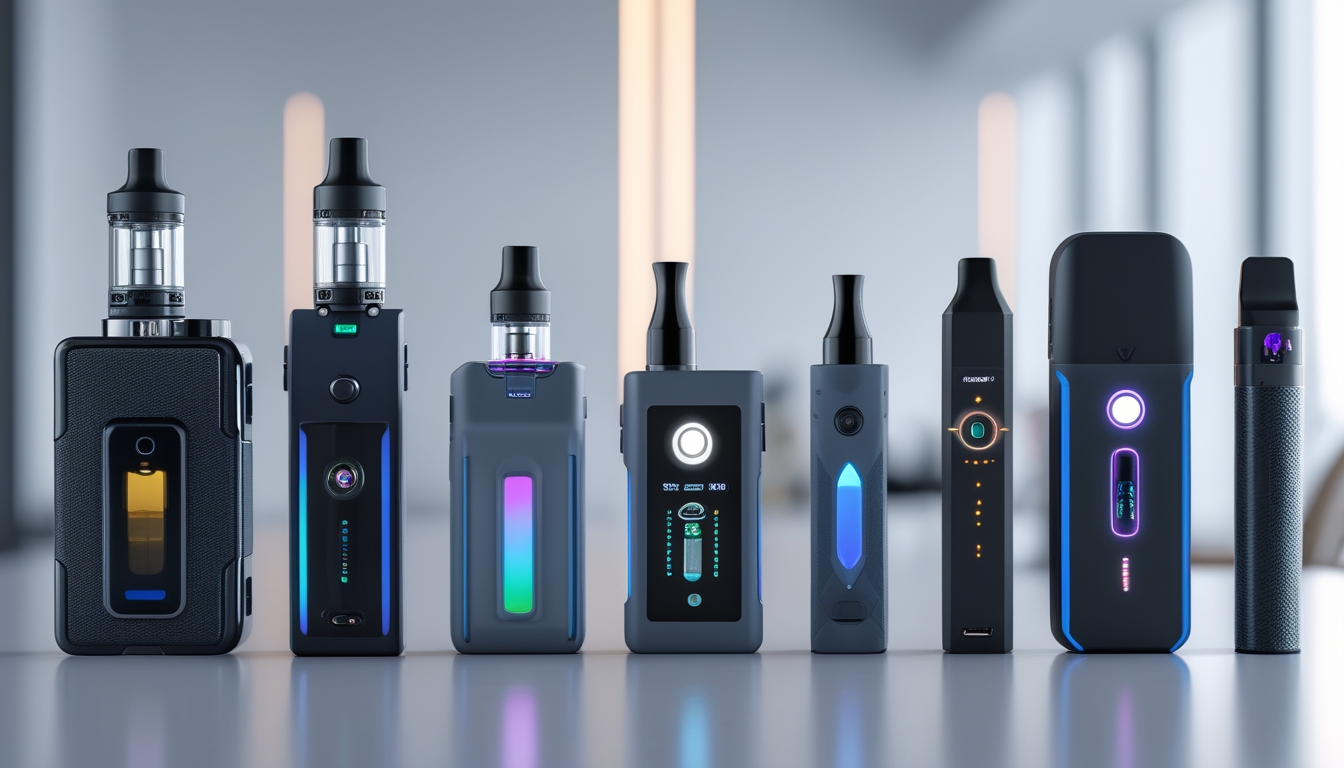 Berbagai jenis perangkat vape modern dengan desain futuristik tersusun rapi di atas meja bersih.