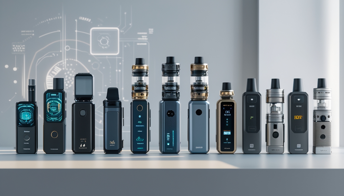 Berbagai jenis perangkat vape modern dengan desain futuristik tersusun rapi di atas meja, menampilkan teknologi vape terbaru.