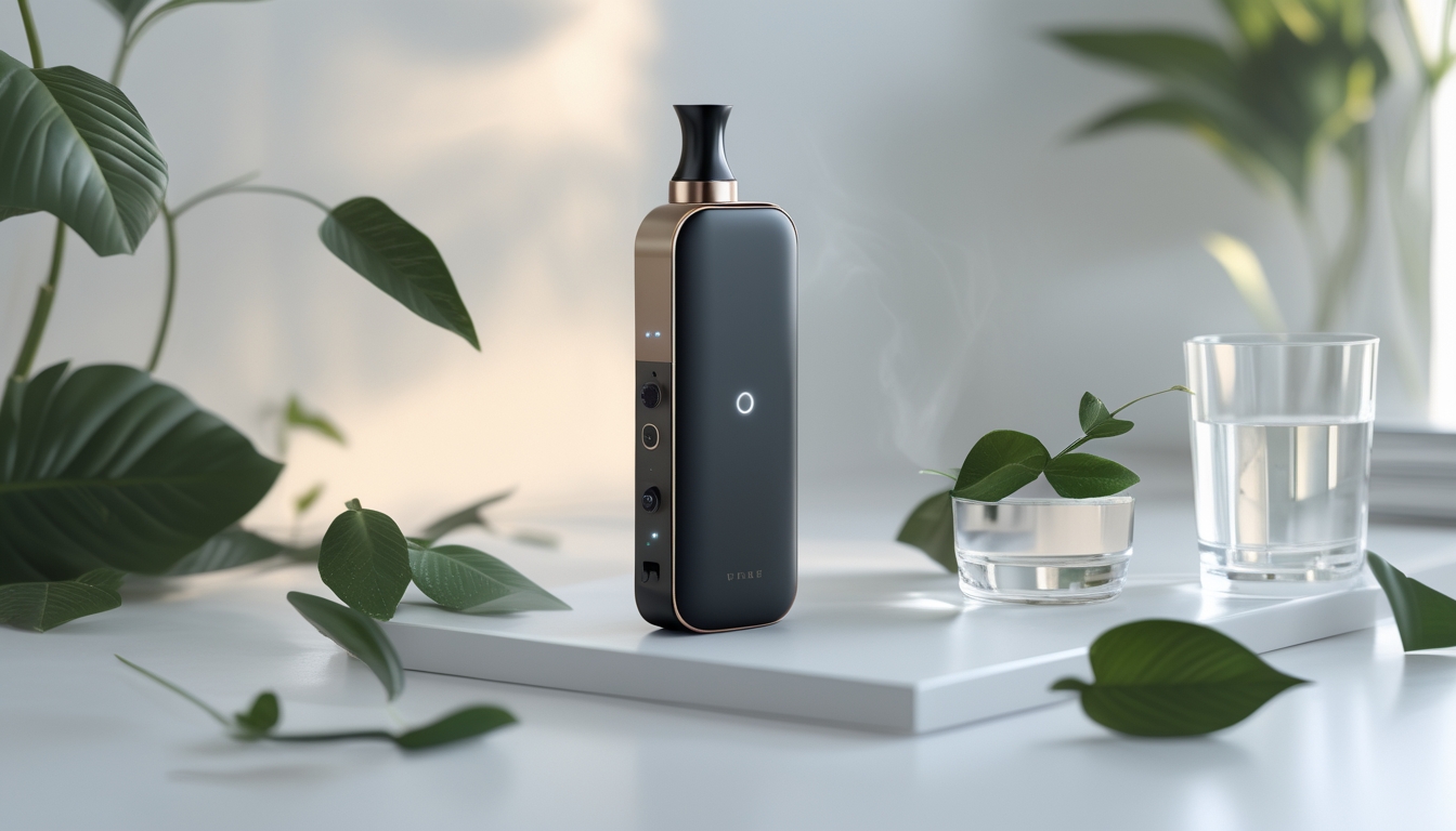 Sebuah perangkat vaporizer modern dan ramping diletakkan di atas permukaan bersih dengan daun hijau segar di sekitarnya.
