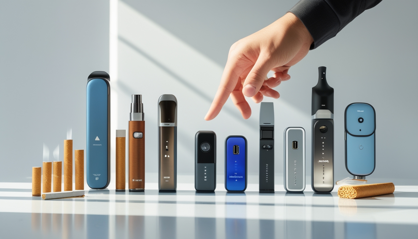 Meja dengan perangkat vape modern dan rokok tradisional yang disusun berdampingan, menunjukkan perbandingan antara keduanya.