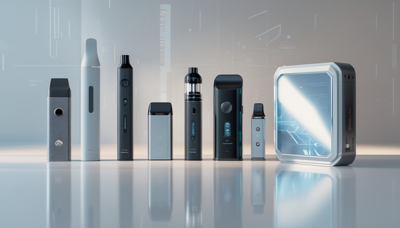 Beberapa perangkat vape yang tersusun dari vape pen sederhana hingga box mod canggih, ditampilkan secara berurutan di atas permukaan reflektif dengan latar belakang minimalis.