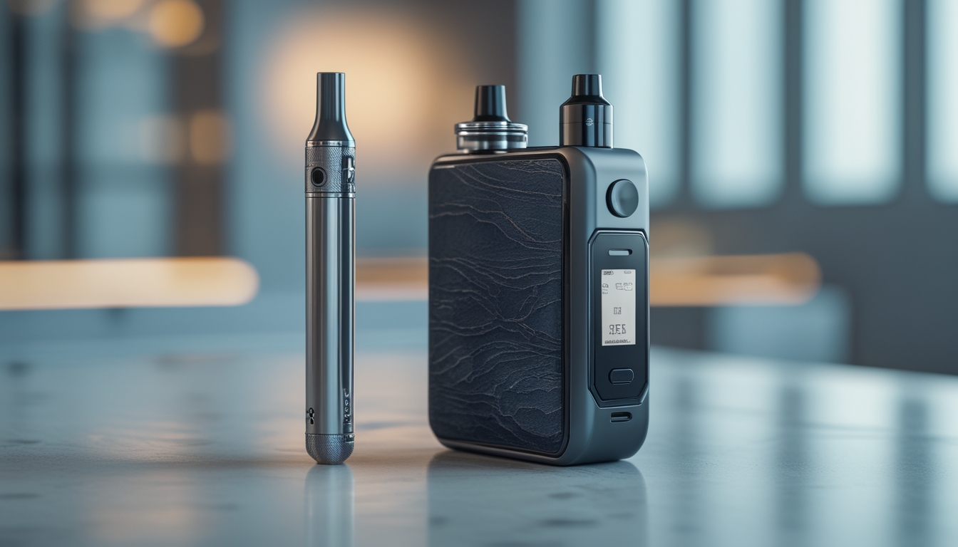Foto menunjukkan perangkat vapor terbaru tahun 2026, termasuk vape pen ramping dan box mod canggih di atas permukaan reflektif dengan latar belakang buram berwarna biru dan abu-abu.