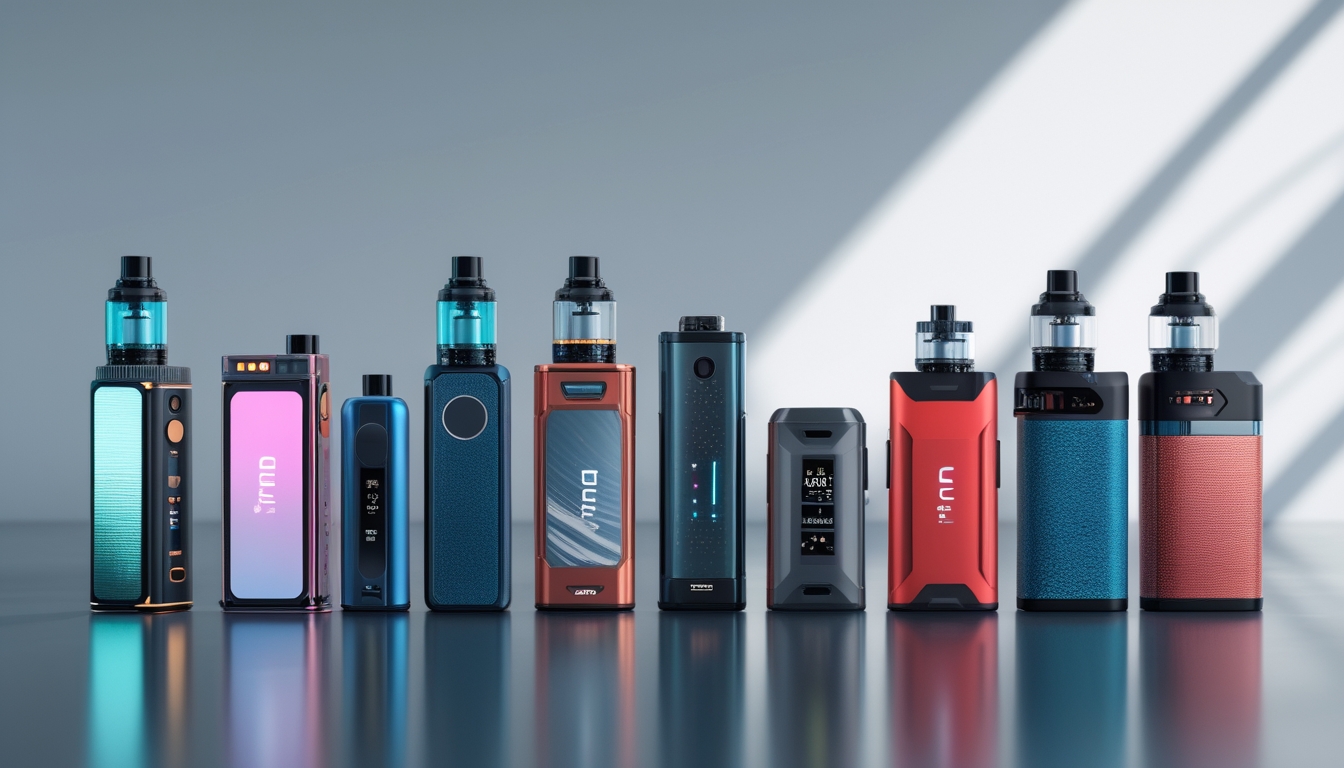 Berbagai perangkat vapor modern tahun 2026 ditampilkan rapi di atas permukaan reflektif dengan latar belakang minimalis.