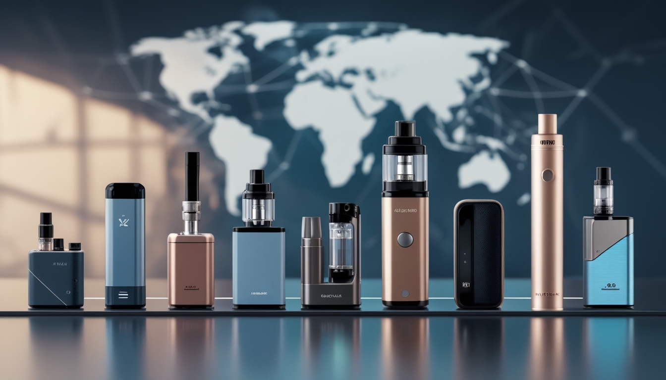 Beberapa perangkat vape modern dengan desain futuristik yang dipajang di atas permukaan reflektif dengan latar belakang peta dunia yang samar.