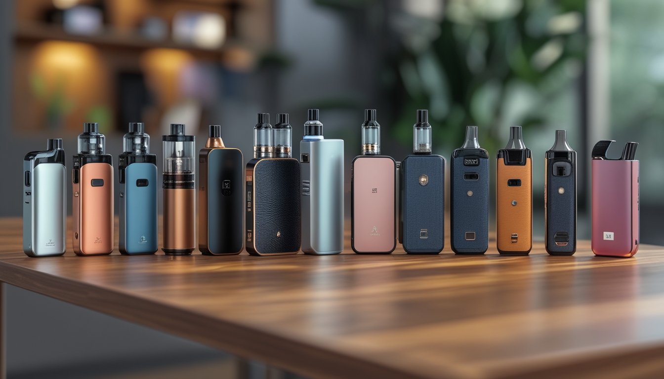 Beberapa perangkat vaping modern dengan berbagai desain dan warna tersusun rapi di atas meja kayu dalam ruangan.