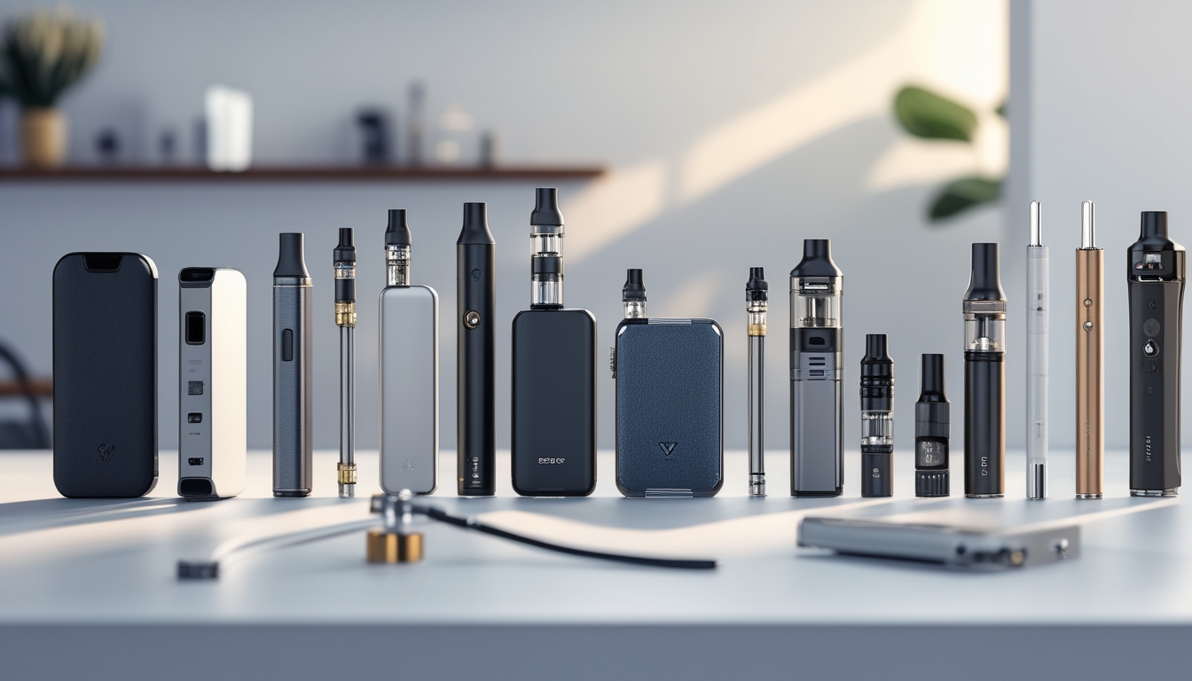 Berbagai jenis perangkat vapor disusun rapi di atas meja putih dengan latar belakang ruangan modern yang samar.