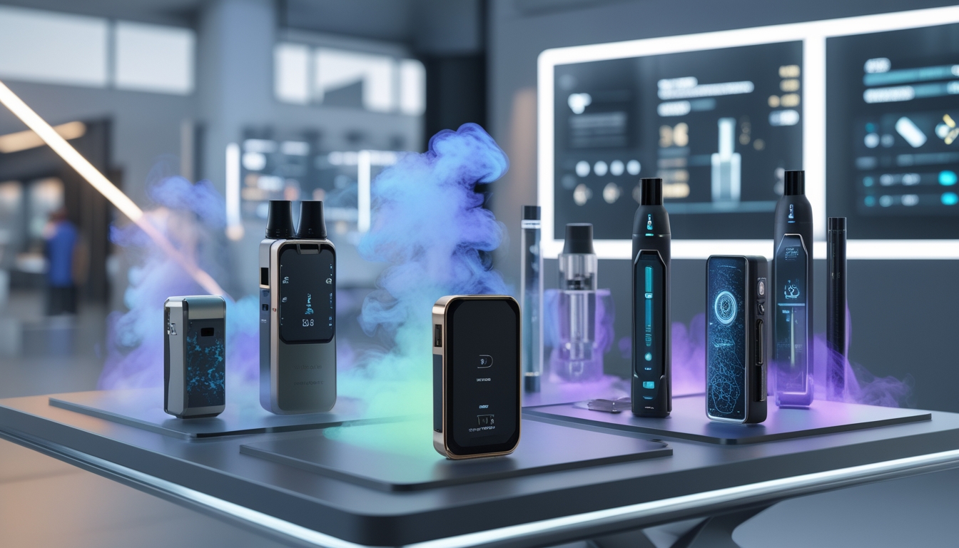 Meja pameran dengan berbagai perangkat vape modern dan futuristik yang mengeluarkan uap berwarna di dalam ruang pamer teknologi yang terang dan minimalis.