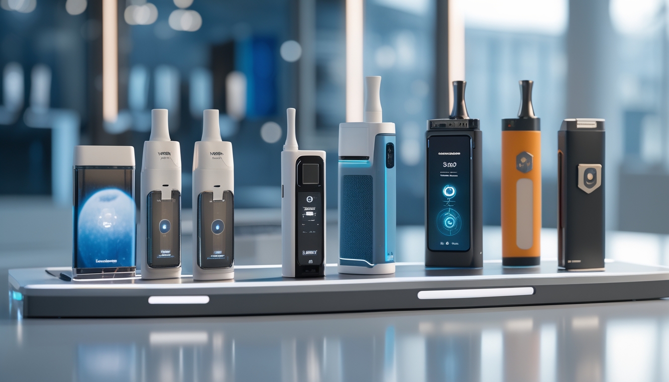 Berbagai perangkat vape modern dan inovatif ditampilkan di atas meja dalam ruangan yang terang dan bersih.