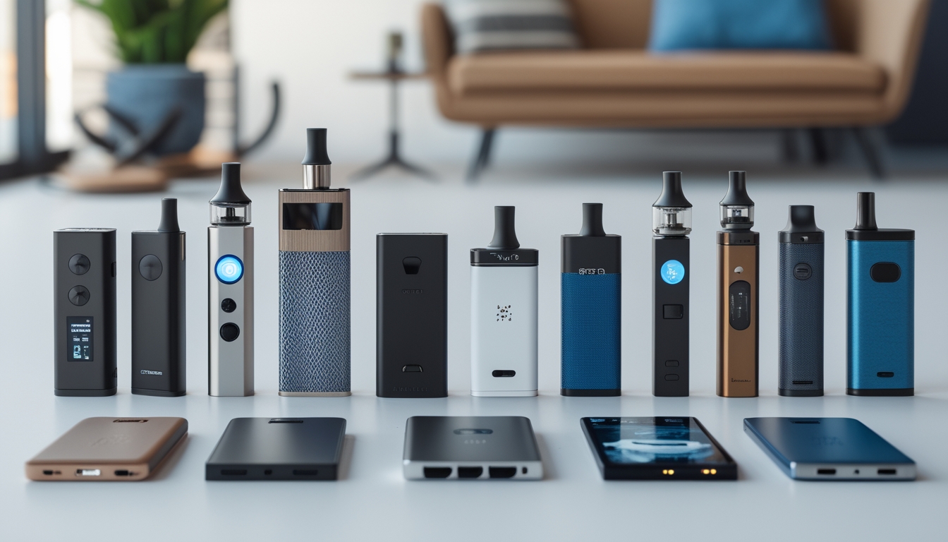 Berbagai jenis vape modern yang tersusun rapi di atas permukaan putih dengan latar belakang ruangan dalam yang samar.
