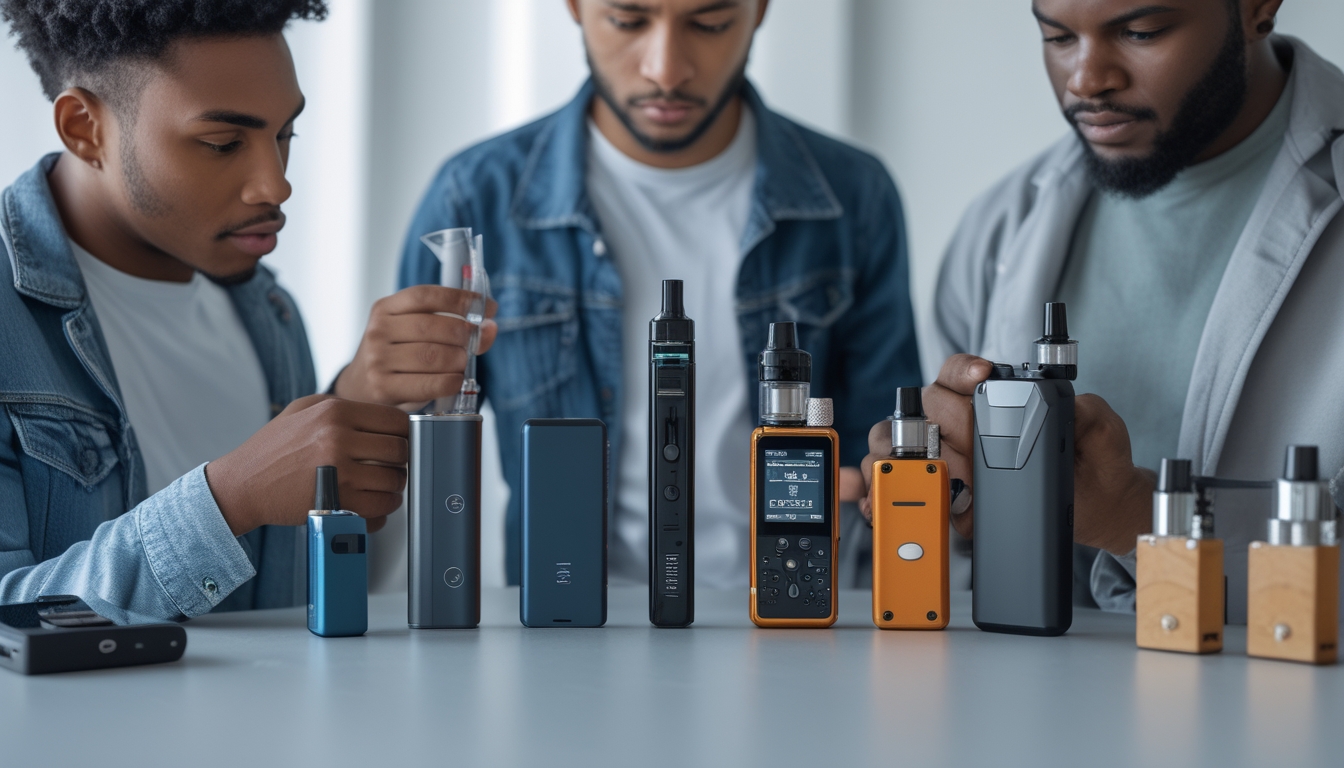 Beberapa orang membandingkan berbagai jenis perangkat vape di dalam ruangan yang terang dan rapi.