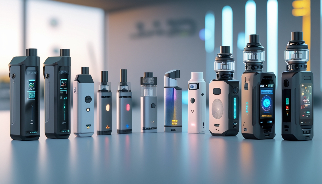 Berbagai jenis perangkat vape modern, dari pod kecil hingga mod canggih, ditampilkan rapi di atas meja dengan latar belakang yang samar.